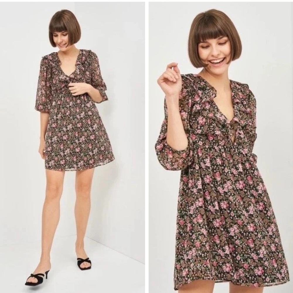 Zara Floral Ruffle Mini Dress Women’s Size M Pink Black
